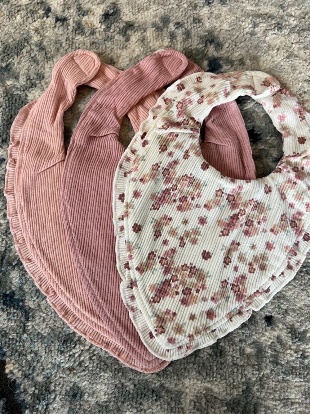 Set of 3 Pink and Cream Floral Ribbed Baby Bibs